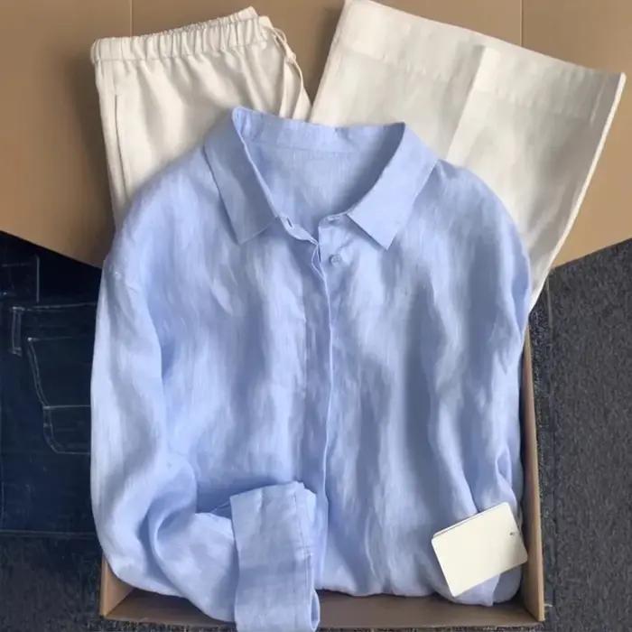Chemise en lin français pour femmes, été, fin, ample, coton, lin, manches longues, Protection solaire, couleur Pure, haut boutonné pour femmes
