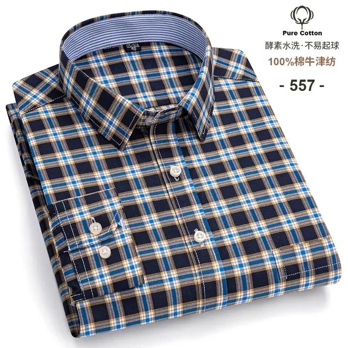 Chemises sociales pour hommes à manches longues 100% pur coton Oxford boutonné Plaid formel mâle vêtements décontractés