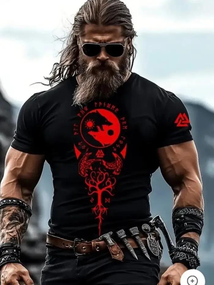 TShirt homme totem mythologie nordique impression 3D face style retro urbain haut tendance sport fitness