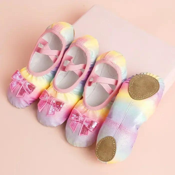 Chaussures de danse pour enfants filles ballerines chaussures arc-en-ciel nœud paillettes en cuir à