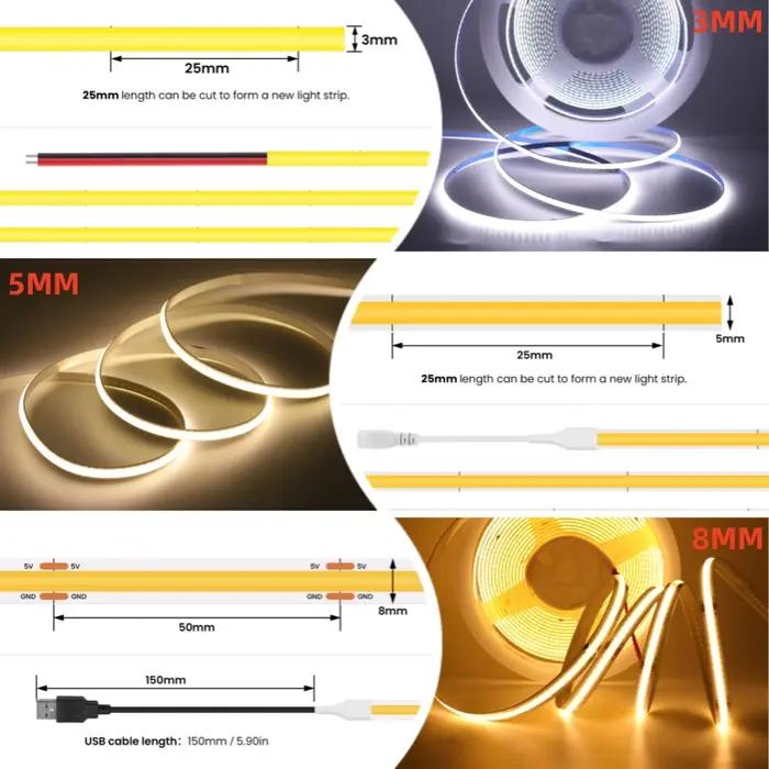 Bande lumineuse LED COB ultra mince, RA90, haute luminosité, flexible, éclairage linéaire domestique