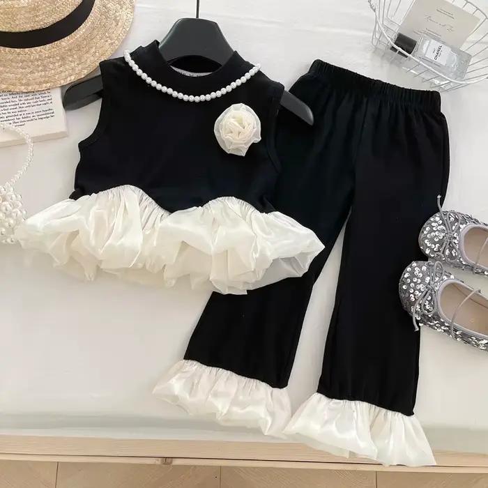 Costume d'été pour filles, couleur assortie, gilet sans manches + pantalon inférieur, ensemble deux