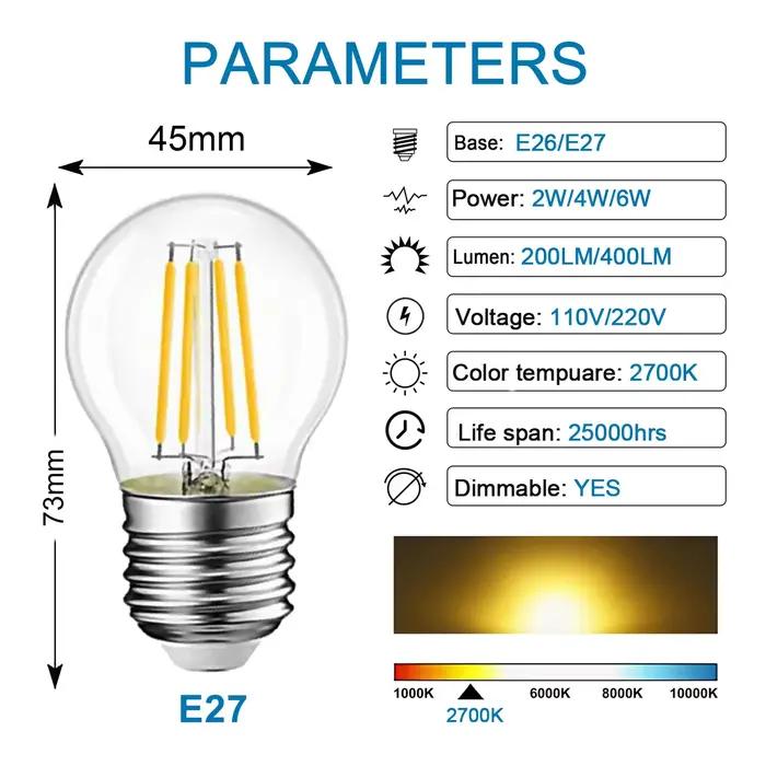 Ampoule LED Globe Rétro Edison G45 2W 4W 6W E27 2700K 6000K, Ampoule à Filament LED 110V pour Décora