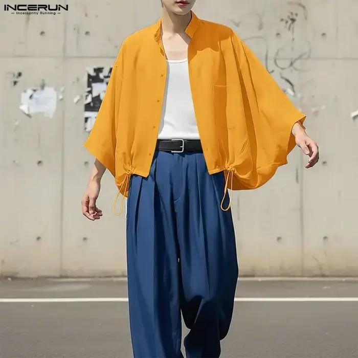 Chemise Homme INCERUN Col Montant Uni Manches 3/4 Ample Décontractée Vêtements Homme Cordon de Serrage Streetwear 2026 Hauts Tendance Chemises Homme