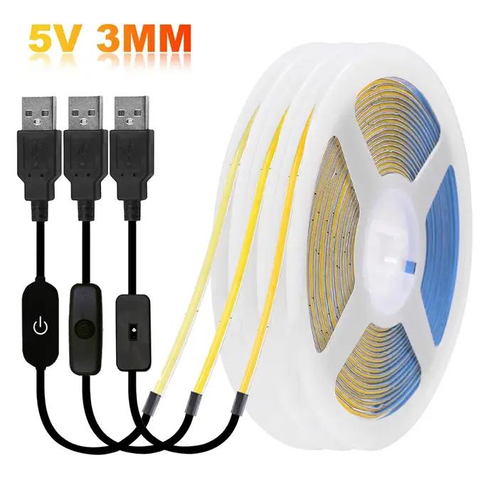 Bande lumineuse LED COB PCB 5V 3mm, USB, avec interrupteur, variateur, télécommande, 320LED, éclaira