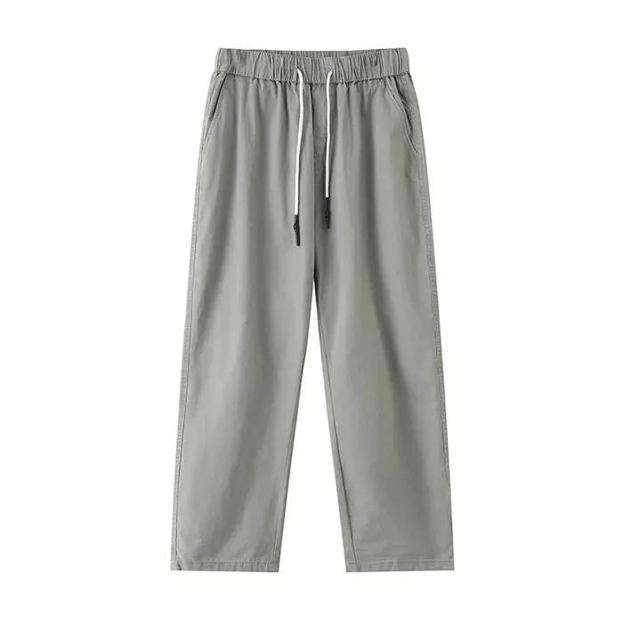Pantalon décontracté pour homme en coton respirant, couleur unie gris kaki, idéal pour le printemps