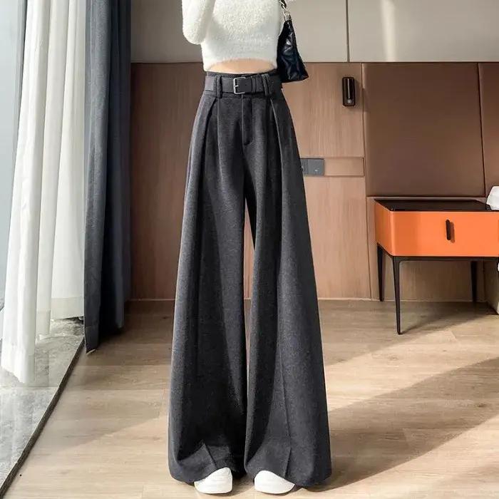Pantalon large en laine gris pour femme, coupe droite, ample et fluide, longueur ras du sol, en moll
