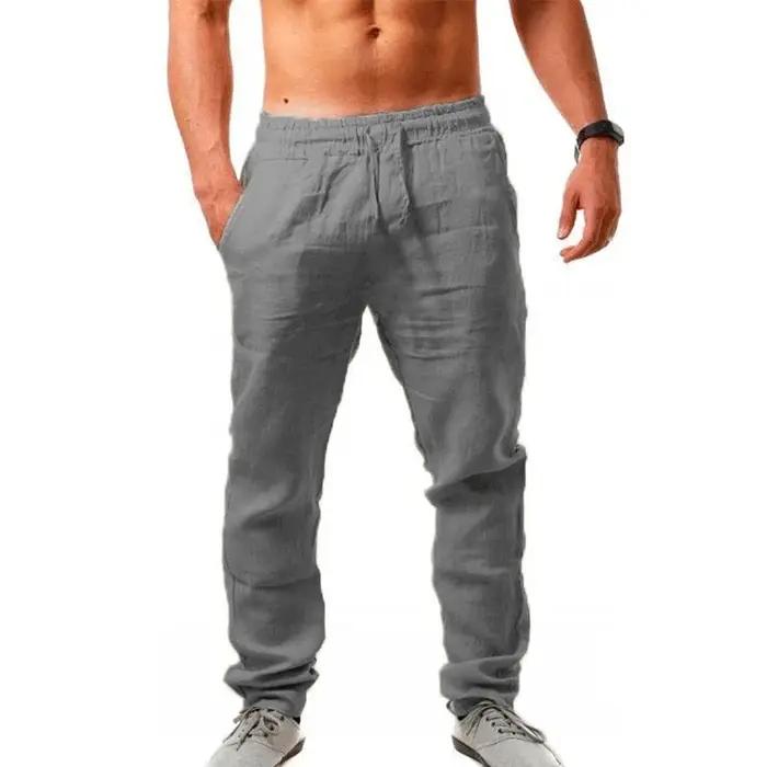Pantalon été coton lin loose homme couleur unie taille plus M-5XL casual décontracté