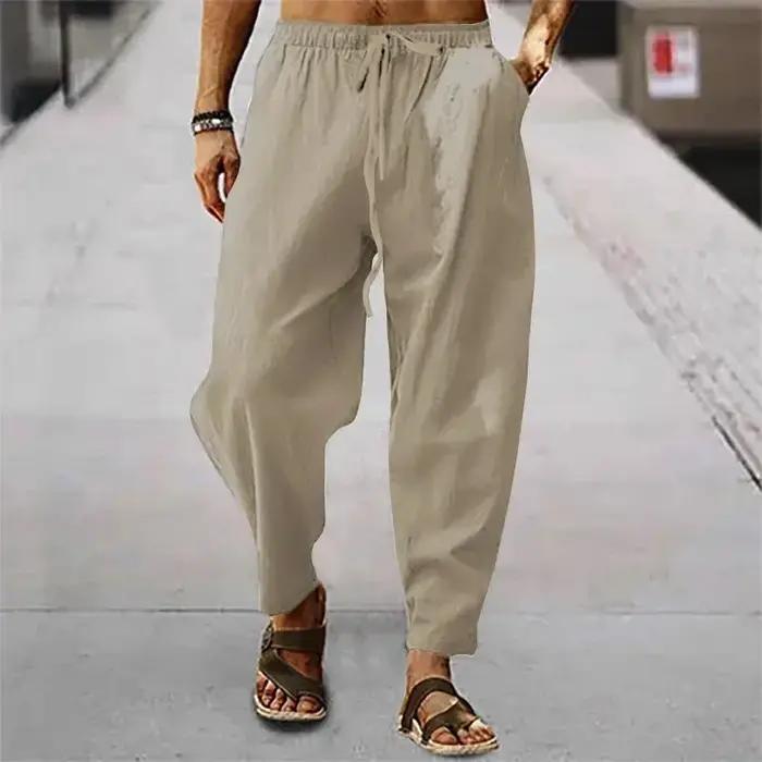 Nouveaux hommes coton lin pantalon été et automne solide taille haute pantalon à jambes larges mâle