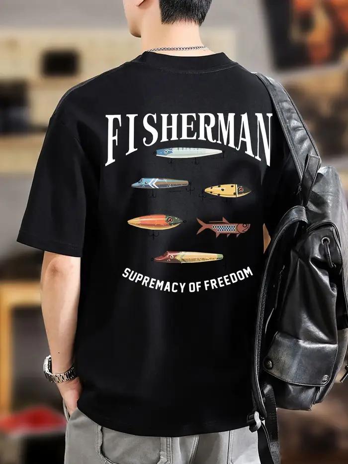 T-shirt graphique de collection de leurres de pêche en coton respirant, style pêcheur en plein air pour hommes, parfait pour l'été et le streetwear tendance