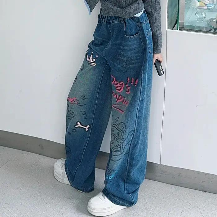 Jeans graffiti de dessin animé pour adolescentes, pantalons décontractés à jambes larges, vêtements pour enfants, juniors, automne, 10-12-14 ans