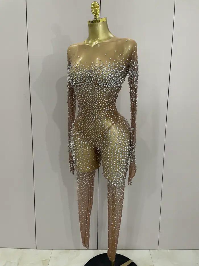 Combinaison de luxe en maille transparente pour femmes, strass scintillants, Sexy, moulante, robe d'