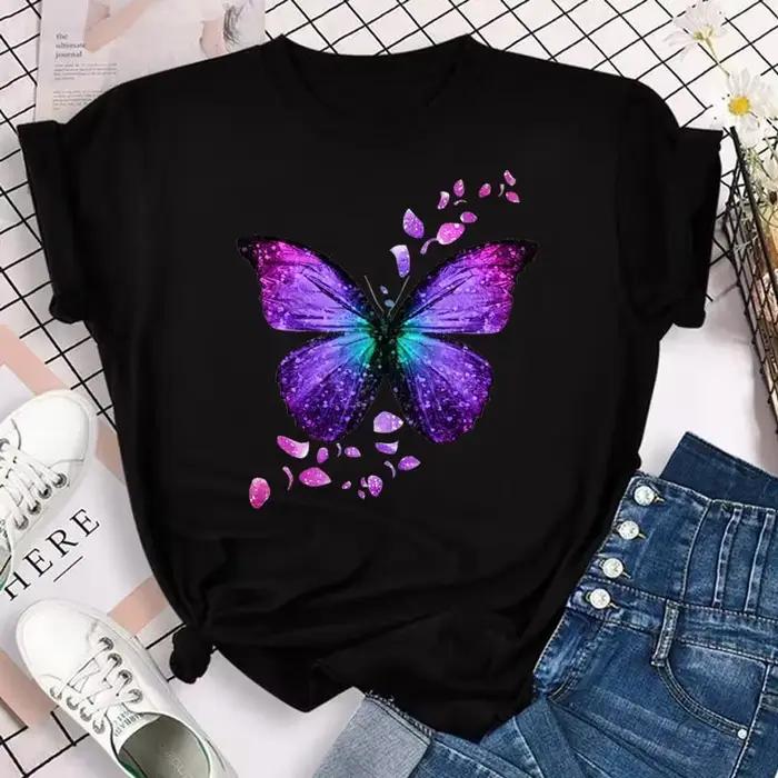 T-shirt à imprimé papillon pétale décontracté pour femme en polyester avec motifs floraux et coupe ajustée pour les jeunes filles occasions estivales