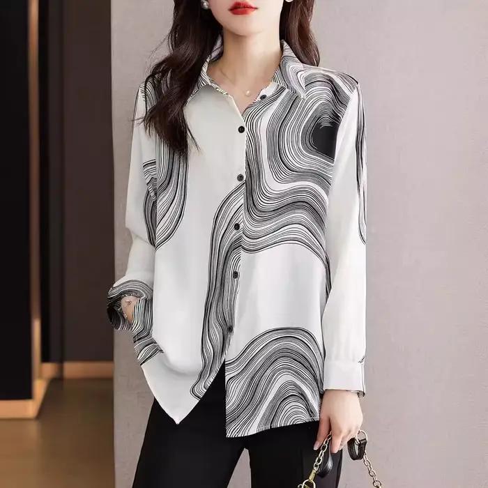 Vêtements de printemps pour femmes, nouveau Design, Niche imprimée en mousseline de soie, petite chemise à la mode, haut à manches longues, 2025