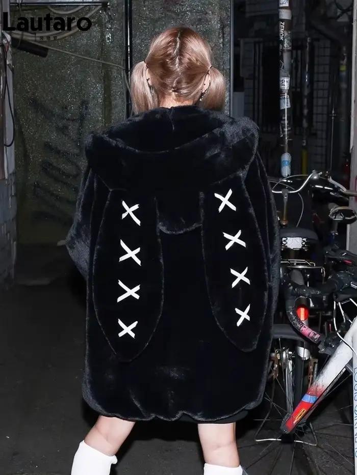 Lautaro automne surdimensionné doux mignon doux violet noir fausse fourrure manteau femmes avec orei