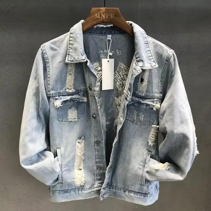 Manteau de Cowboy pour hommes avec trou vestes en jean homme ample automne déchiré de tissu vêtements pour hommes livraison rapide nouveau dans un prix pas cher élégant