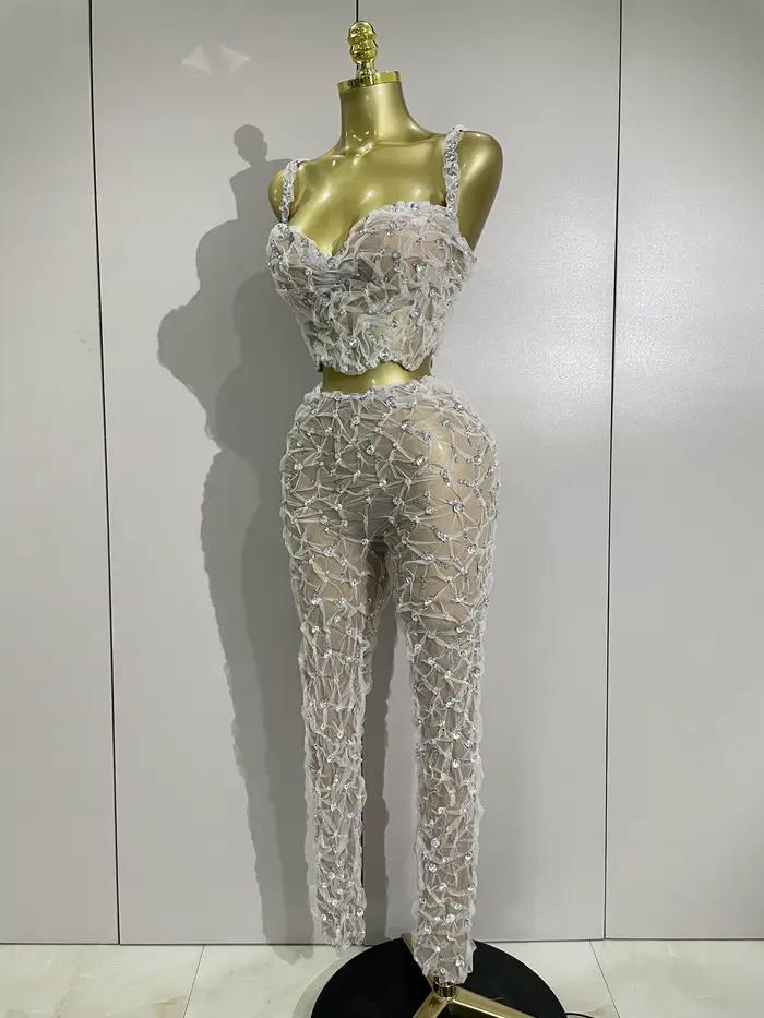 Ensemble deux pièces Sexy en dentelle pour femmes, haut à licou + pantalon Long, épissure de diamant