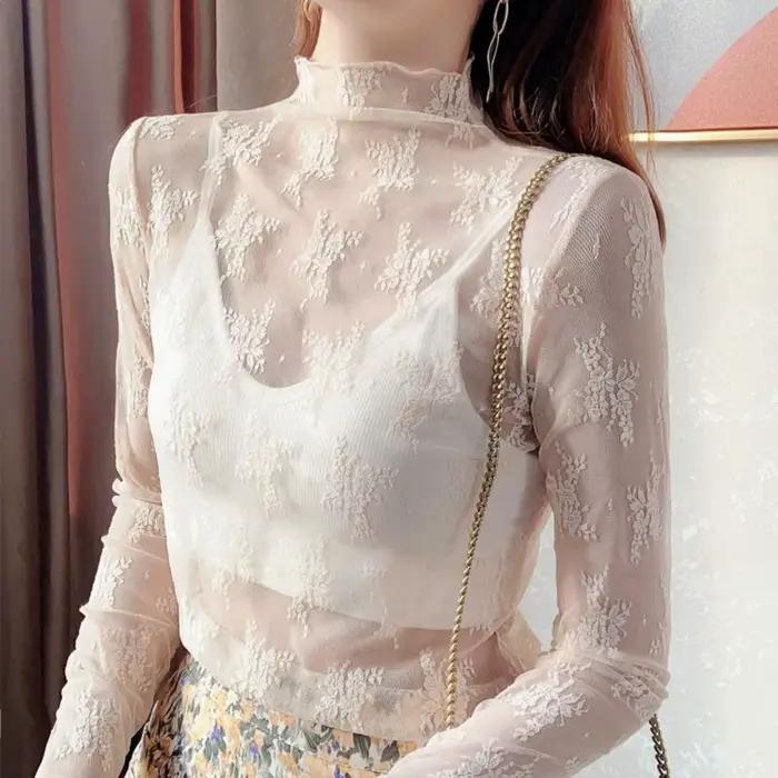 2021 mode femmes Sexy à manches longues voir à travers maille résille haut décontracté T-Shirt pure