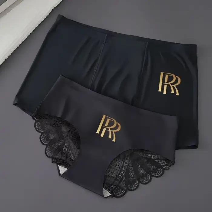 Sous-vêtements sexy assortis en dentelle pour couple, caleçons en soie glacée lisse, slips bikini pour femmes, culottes d'amoureux élastiques, jolis caleçons à la mode