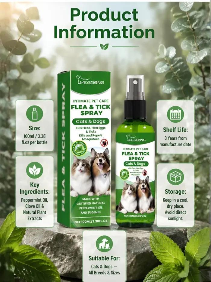 Spray anti-puces doux pour animaux de compagnie, répulsif naturel à base de plantes contre les tiques pour chiens et chats, nettoyage des parasites d'intérieur pour animaux domestiques