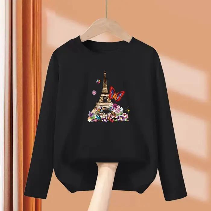 Filles nouveaux vêtements d'automne Paris tour Eiffel T-shirt à manches longues couverture en coton