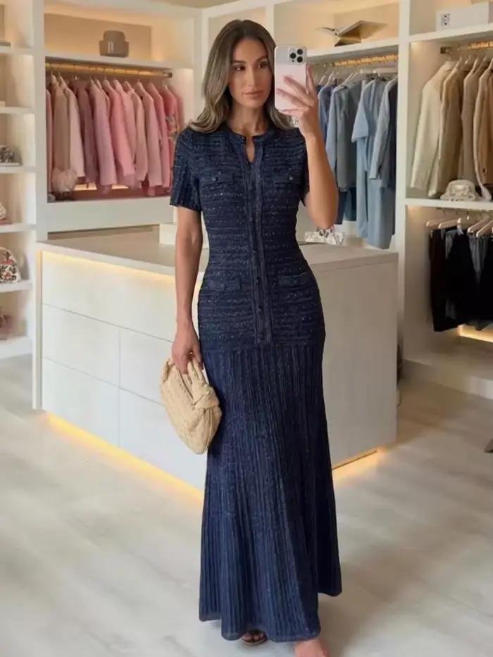 Robe midi vintage texturée à sequins, manches courtes, boutonnée sur le devant, ourlet plissé, pour