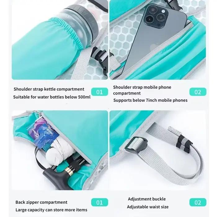 Gilet de rangement de bouteille d'eau courante, gilet de course léger, sac de poitrine d'eau d'hydratation réfléchissant avec support pour téléphone, gilet de cyclisme
