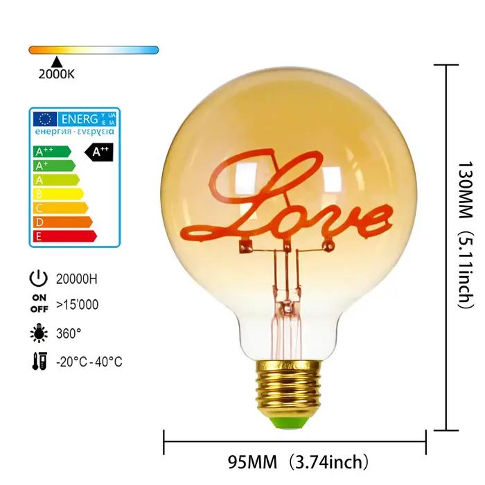 Ampoule Edison rétro à intensité variable E27, 220V, 110V, 4W, G95, lettre d'amour, décoration de ma
