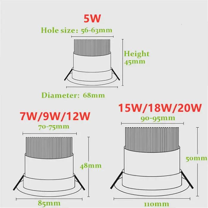 Dimmable LED COB projecteur plafonnier AC85-265V 5W 7W 9W 12W 15W 18W 20W aluminium encastré Downlig