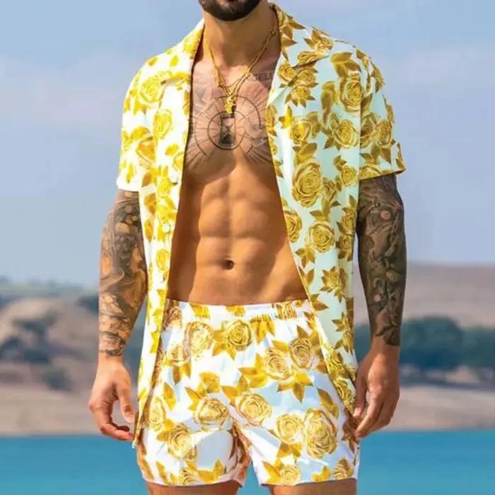 2024 été hommes de mode imprimé léopard à manches courtes chemise et shorts ensemble plage Style t-shirt respirant short