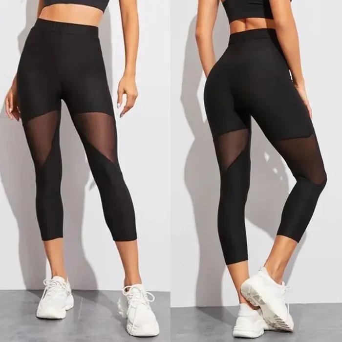 Leggings en maille patchwork noir pour femmes, pantalon élastique, capri, leggings de fitness