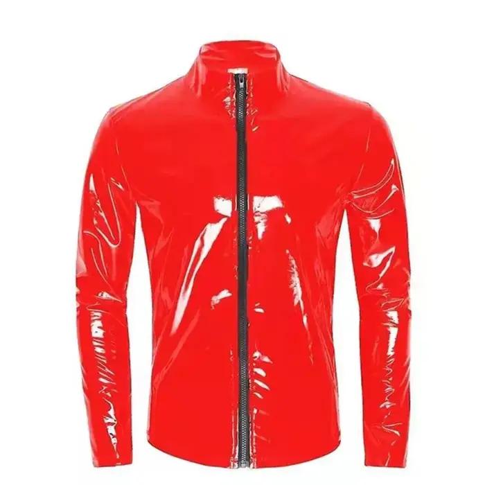 Nouveaux hommes Cardigan à fermeture éclair col montant chemise PVC brillant en cuir verni Sexy serré extensible Latex
