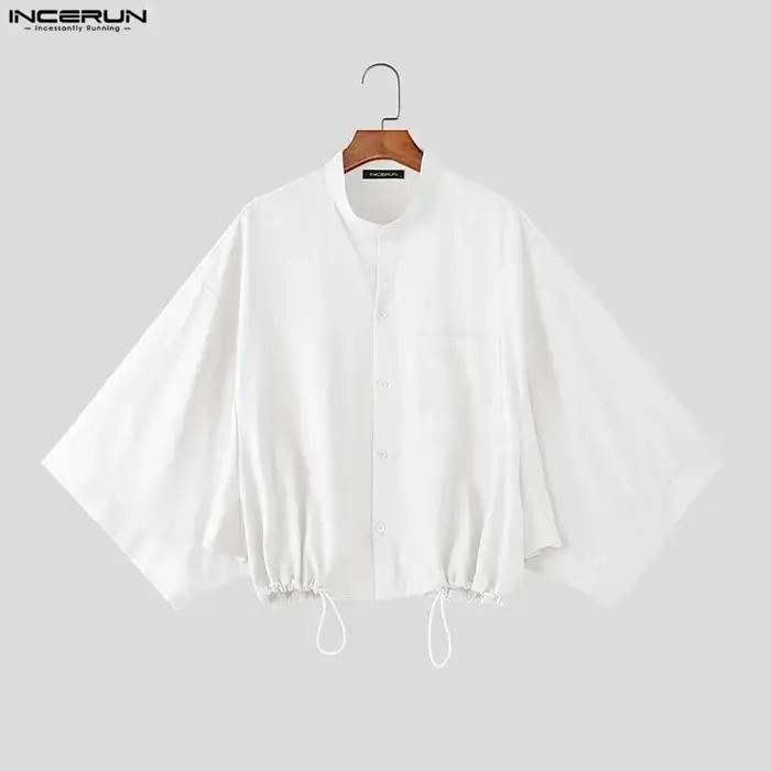 Chemise Homme INCERUN Col Montant Uni Manches 3/4 Ample Décontractée Vêtements Homme Cordon de Serrage Streetwear 2026 Hauts Tendance Chemises Homme