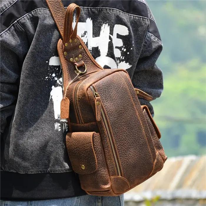 Sac rétro en cuir véritable pour hommes, sac à bandoulière multifonctionnel vintage, simple et décontracté, parfait pour les voyages, les événements professionnels et quotidiens