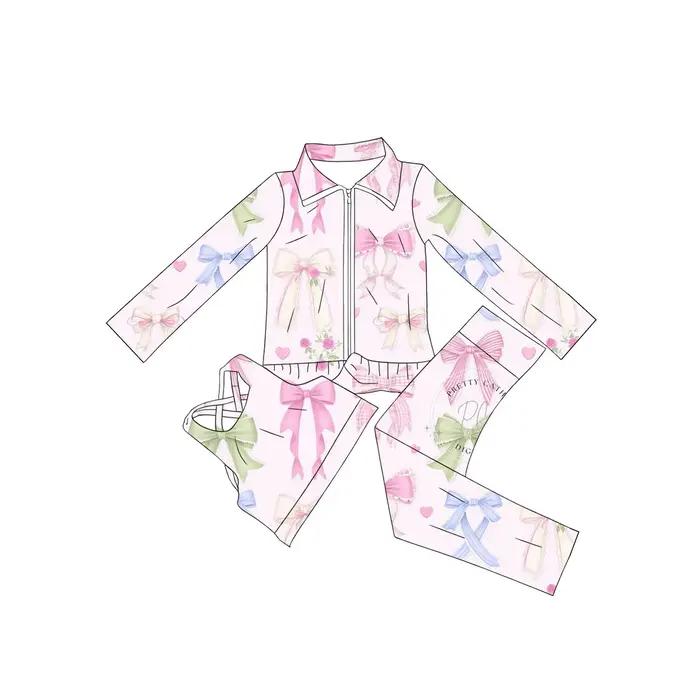 Vente chaude enfants vêtements pétoncle école fille deux pièces vêtements à volants arc Boutique fil