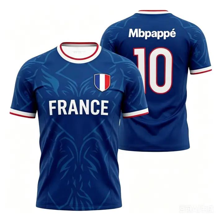 Maillot de football Mbappé 10 motif jacquard hexagonal subtil avec lettrage doré et emblème du drapeau français pour hommes et femmes pour toutes les saisons et occasions spéciales