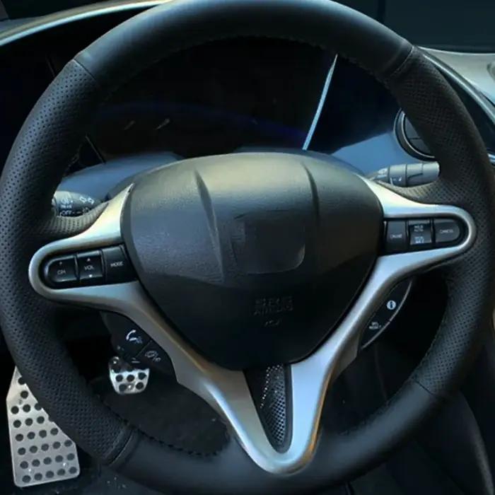 Housse de volant de voiture en cuir microfibre, point de main noir, bricolage, pour Honda Civic Old