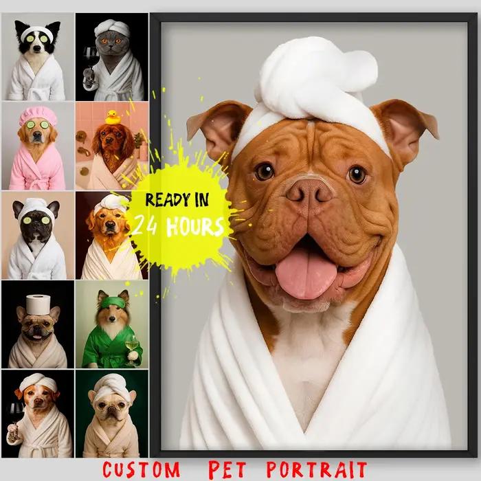 Impression d'affiche d'art de portrait de Spa de salle de bains de chien drôle personnalisé
