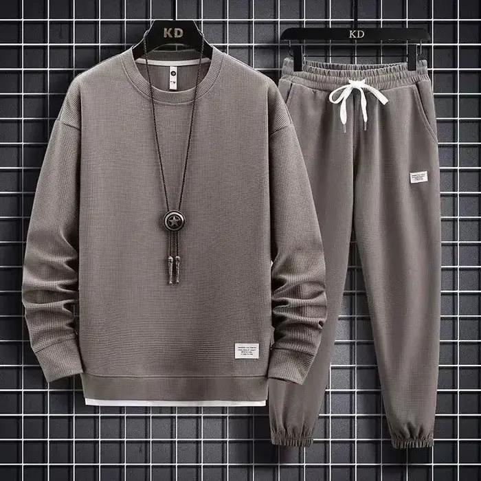 2025 printemps et automne nouveaux hommes gaufre deux pièces sweat-shirt décontracté et pantalon de