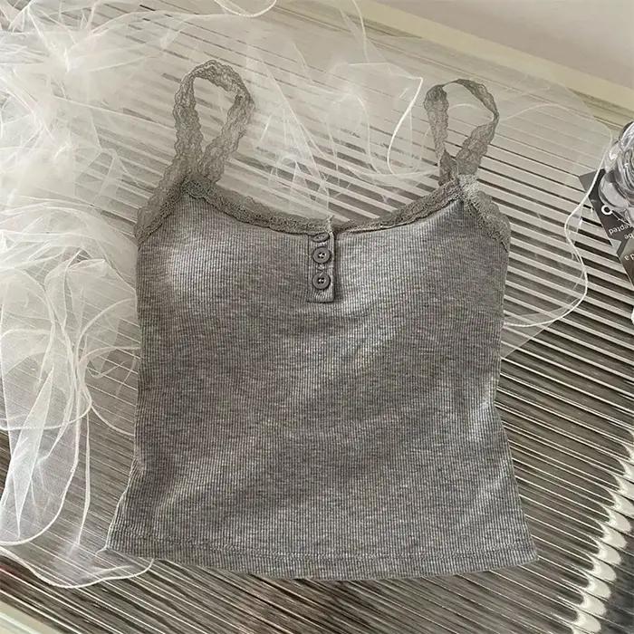 Camisole patchwork à bretelles en dentelle pour femme junior été solide et léger avec détails artistiques