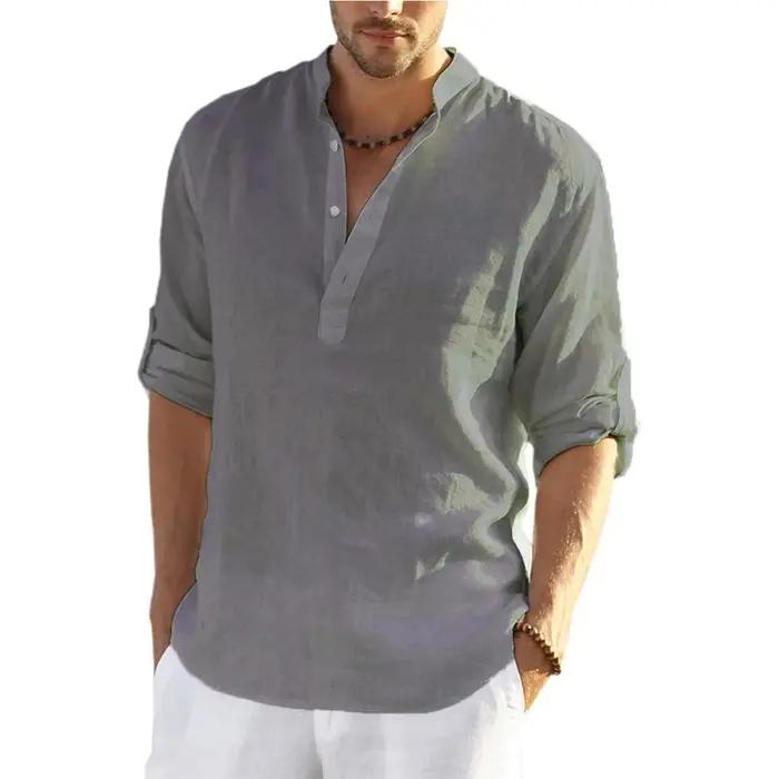 Nouveaux hommes Blouse décontractée coton lin chemise hauts amples à manches longues t-shirt printem