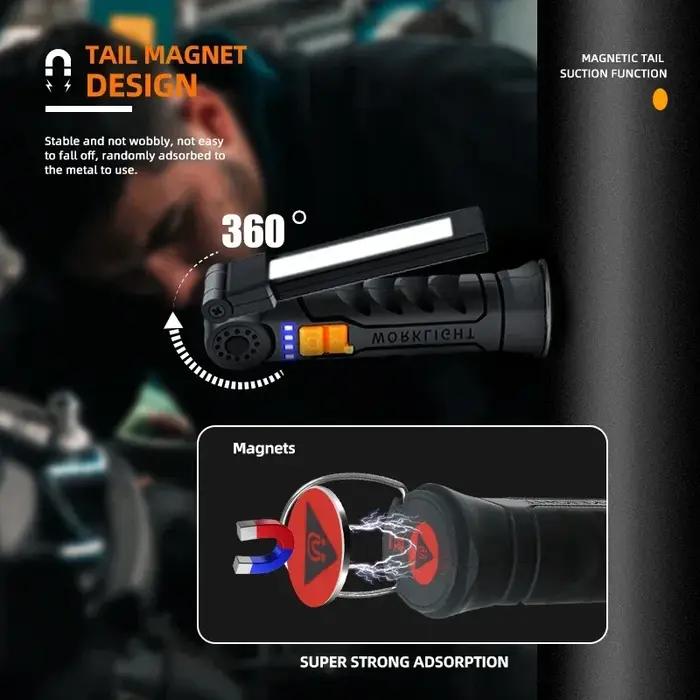 Lampe de Travail Portable COB LED, Rechargeable par USB, Lanterne Magnétique avec Batterie spatirée,