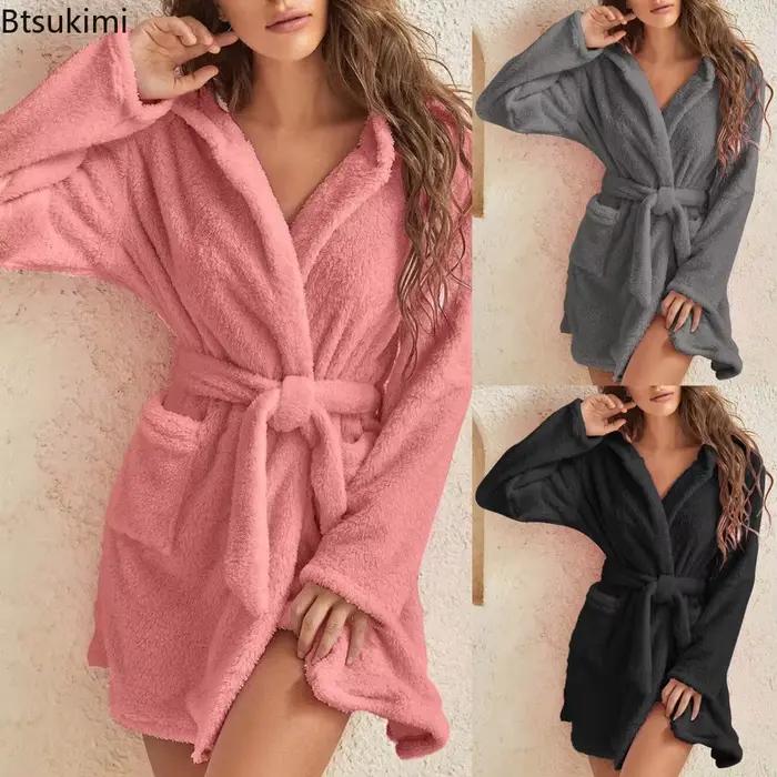 Robe de bain pour femmes, pyjama d'hiver en peluche moelleuse, Sexy, à capuche, couleur unie, peignoir chaud, vêtements de maison