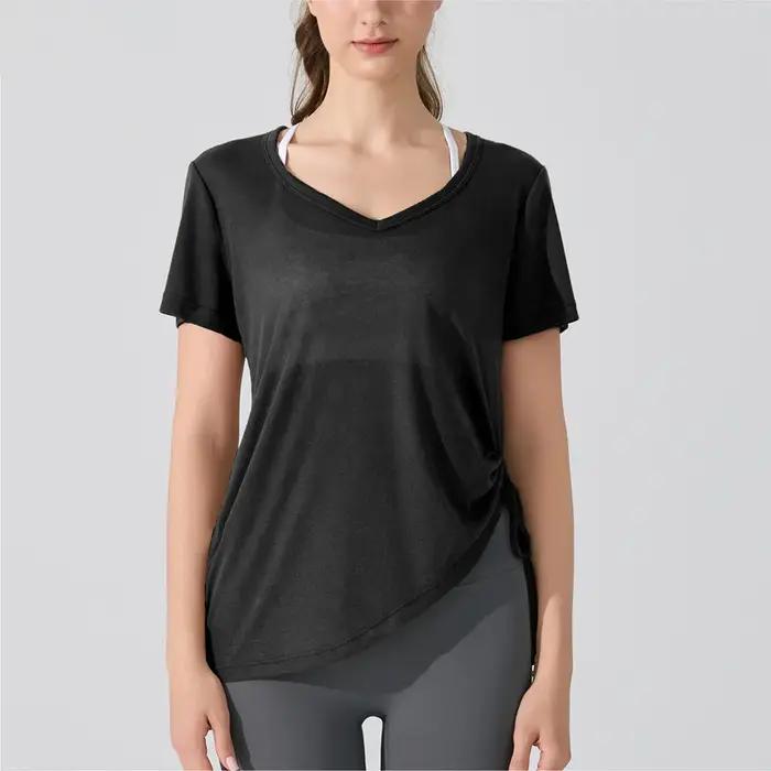 2025 T-shirt athlétique à manches courtes coupe ample pour femme – Conception à cordon plissé – Haut de yoga