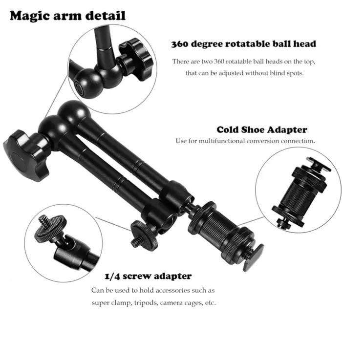 Bras articulé magique en alliage d'aluminium de 11 pouces avec pince super-clamp pour appareil photo reflex numérique, écran LCD, éclairage vidéo LED