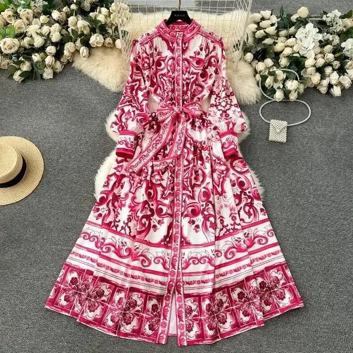 Robe longue en porcelaine à boutonnage simple pour femme, imprimé floral jaune, ceinture en dentelle
