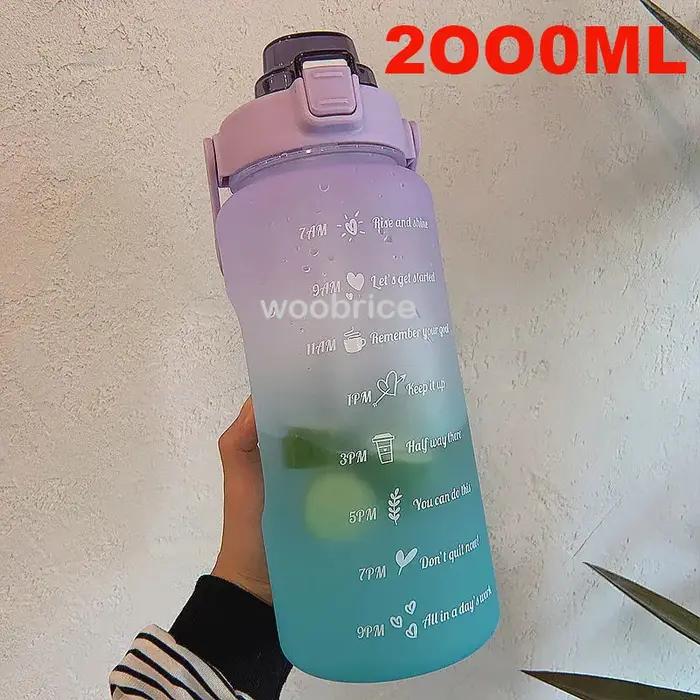 Bouteille d'eau de sport pour course à pied, 2l, motivation avec marqueur de temps, autocollants, gobelets en plastique portables et réutilisables