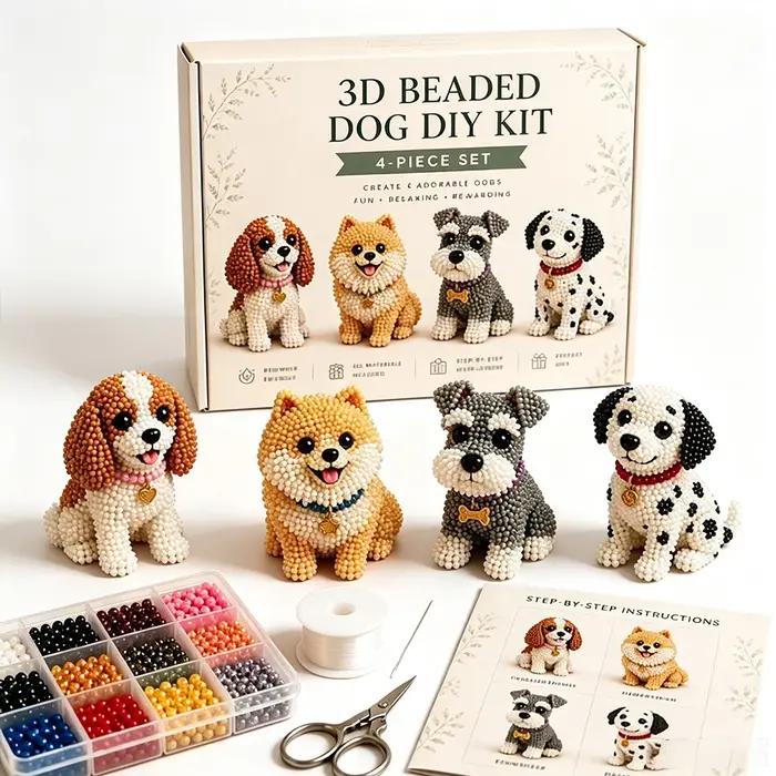 Kit DIY de perles 3D pour chien, ensemble de 4 chiots mignons à réaliser soi-même, fournitures et instructions complètes, cadeau de décoration artisanale relaxant