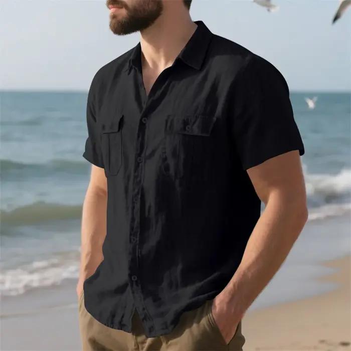 Chemise d'été à manches courtes en coton et lin pour hommes