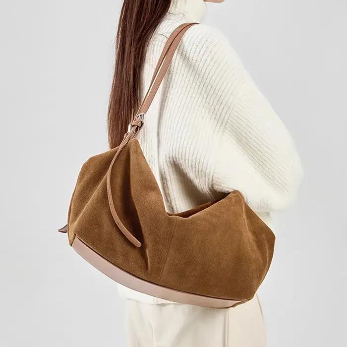 Sacs à main en cuir véritable Nuede naturel pour femmes, sac fourre-tout de grande capacité, sac de